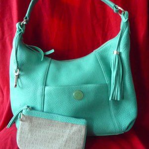 ISAAC MIZRAHI 2 PC Purse Shoulder Bag Cosmetic Pouch Teal Green Genuine Leather